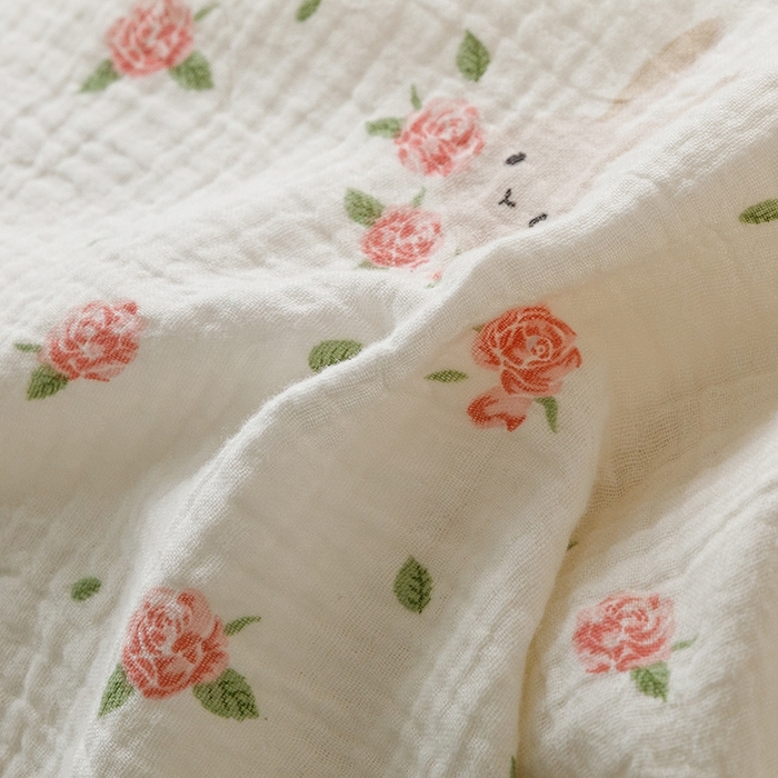 91家纺网 家纺一手货源 找家纺 蜜柚 2024新款全棉双层皱皱纱四件套 花园兔