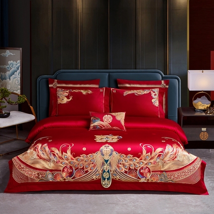 91家纺网 家纺一手货源 找家纺 美娘阁 2025新款长绒棉贡缎提花新中式古典韵味精美刺绣婚庆四件套多件套系列一 盛世祥瑞