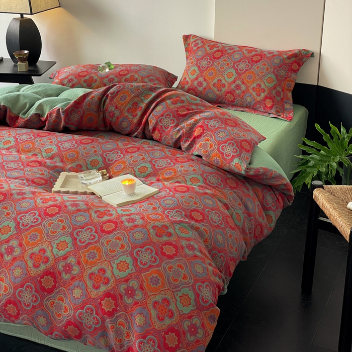 91家纺网 家纺一手货源 找家纺 睡棉坊 2024新款全棉色织提花双层纱复古单被套 百样