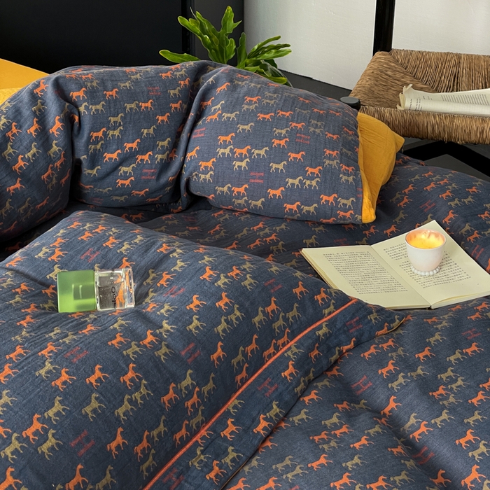 91家纺网 家纺一手货源 找家纺 睡棉坊 2024新款全棉色织提花双层纱复古单被套 群马