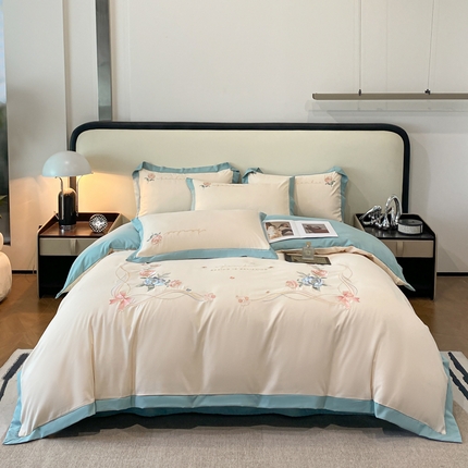 91家纺网 家纺一手货源 找家纺 凯艾玲 2024新款简约轻奢磨毛细斜纹四件套-繁华之都 繁华之都蒂芙绿