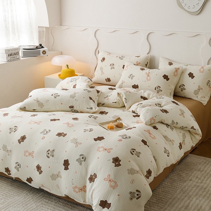 91家纺网 家纺一手货源 找家纺 蜜柚 2024新款全棉双层皱皱纱四件套 动物乐园