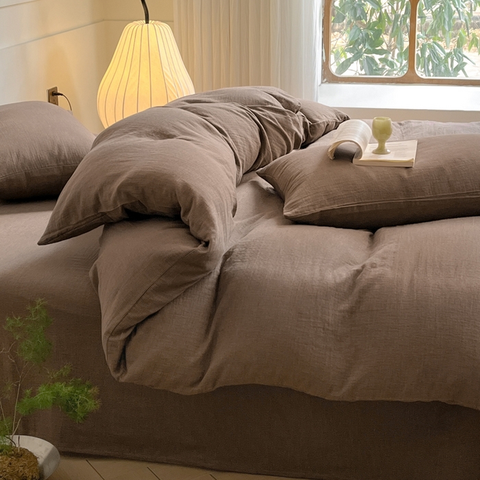 91家纺网 家纺一手货源 找家纺 睡棉坊 2024新款全棉色织提花双层纱复古单被套 千喜格-红咖