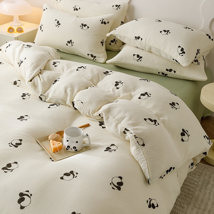 91家纺网 家纺一手货源 找家纺 蜜柚 2024新款全棉双层皱皱纱四件套 熊猫团子