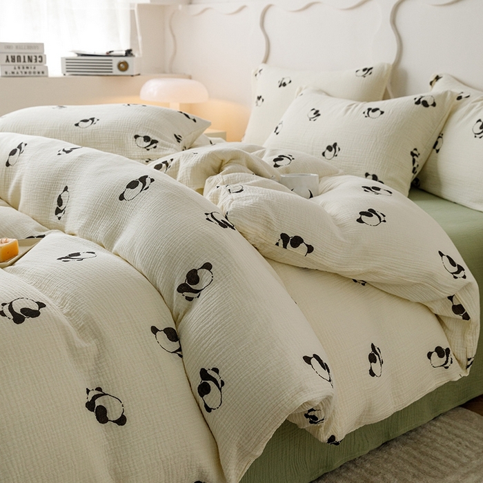 91家纺网 家纺一手货源 找家纺 蜜柚 2024新款全棉双层皱皱纱四件套 熊猫团子