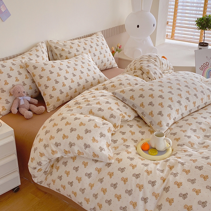 91家纺网 家纺一手货源 找家纺 于果 2024新款全棉双层纱四件套 波点玩偶熊