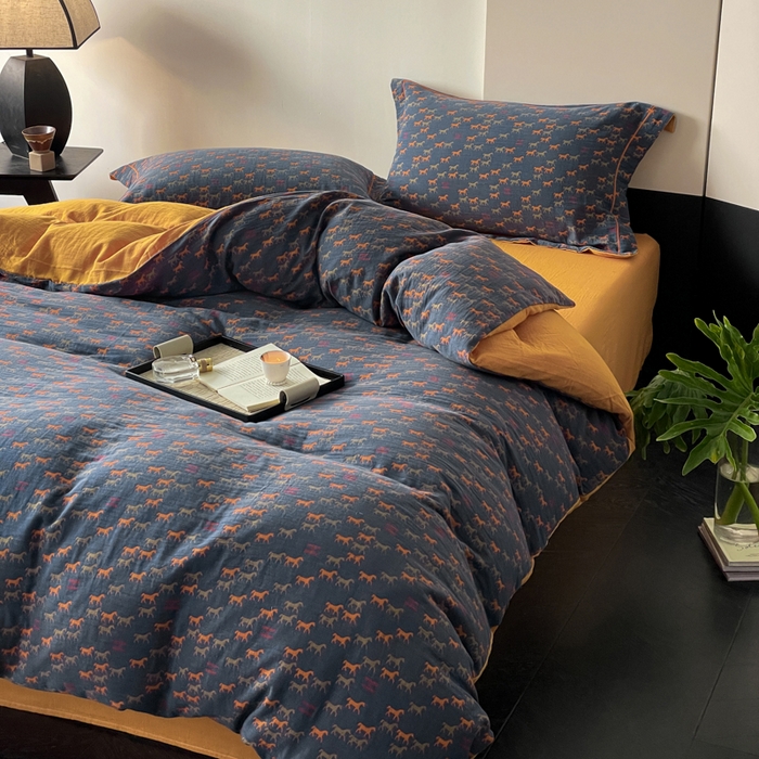 91家纺网 家纺一手货源 找家纺 睡棉坊 2024新款全棉色织提花双层纱复古单被套 群马