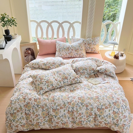于果 2024新款全棉双层纱四件套 百花园(咖)