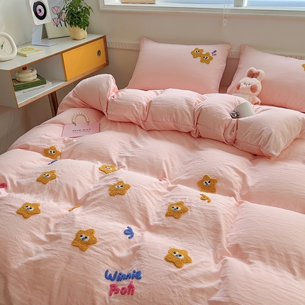 91家纺网 家纺一手货源 找家纺 山茶家纺 2024新款高克重水洗棉四件套 星星-浅粉