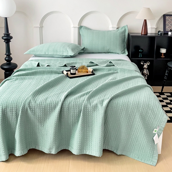 91家纺网 家纺一手货源 找家纺 沐纯家居 2024新款纯色天丝床盖 浅蓝