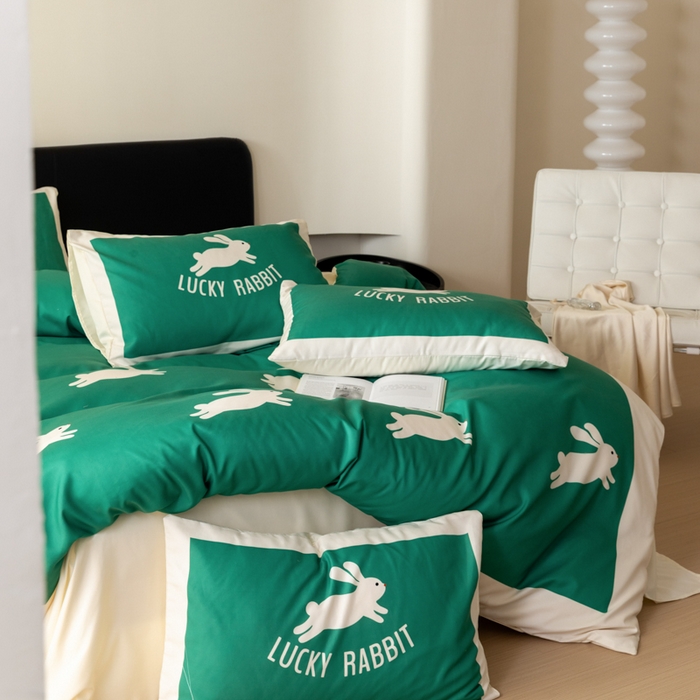 91家纺网 家纺一手货源 找家纺 摩卡 2024新款亲肤真丝棉四件套-幸运兔 幸运兔-绿