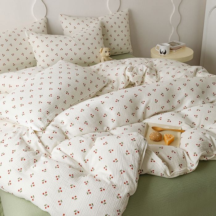 91家纺网 家纺一手货源 找家纺 蜜柚 2024新款全棉双层皱皱纱四件套 小樱桃