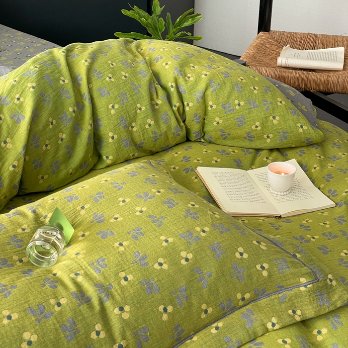 91家纺网 家纺一手货源 找家纺 睡棉坊 2024新款全棉色织提花双层纱复古单被套 诗画-绿