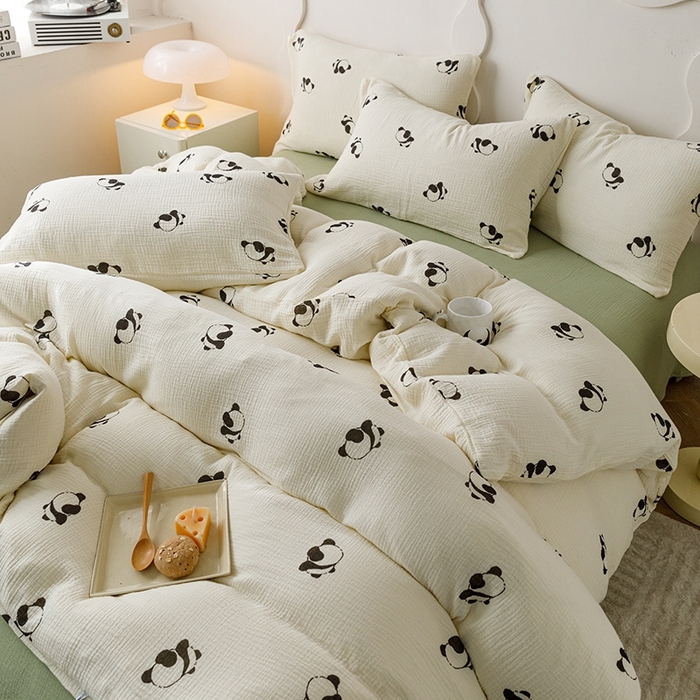 91家纺网 家纺一手货源 找家纺 蜜柚 2024新款全棉双层皱皱纱四件套 熊猫团子