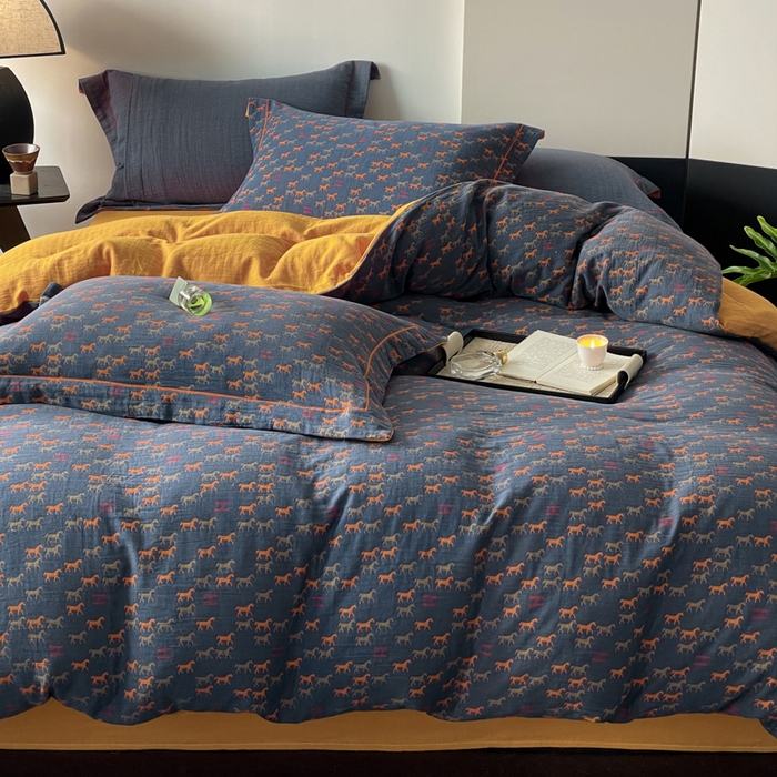 91家纺网 家纺一手货源 找家纺 睡棉坊 2024新款全棉色织提花双层纱复古单被套 群马