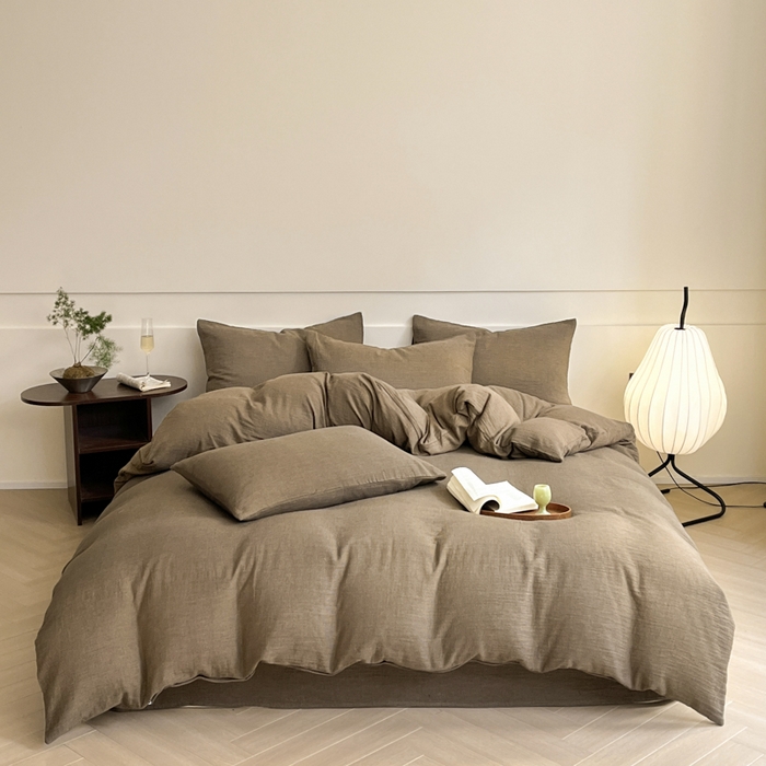 91家纺网 家纺一手货源 找家纺 睡棉坊 2024新款全棉色织提花双层纱复古单被套 千喜格-咖