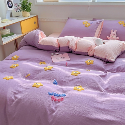 山茶家纺 2024新款高克重水洗棉四件套 星星-香芋紫粉