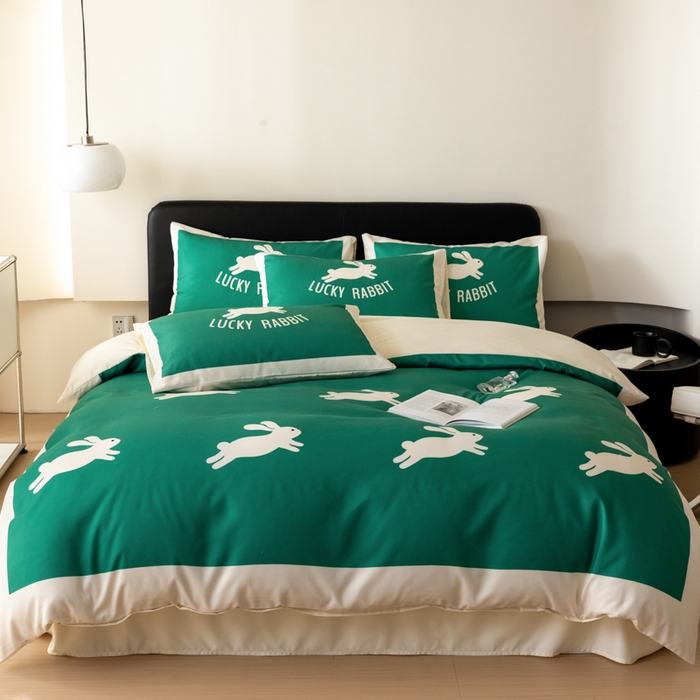 91家纺网 家纺一手货源 找家纺 摩卡 2024新款亲肤真丝棉四件套-幸运兔 幸运兔-绿