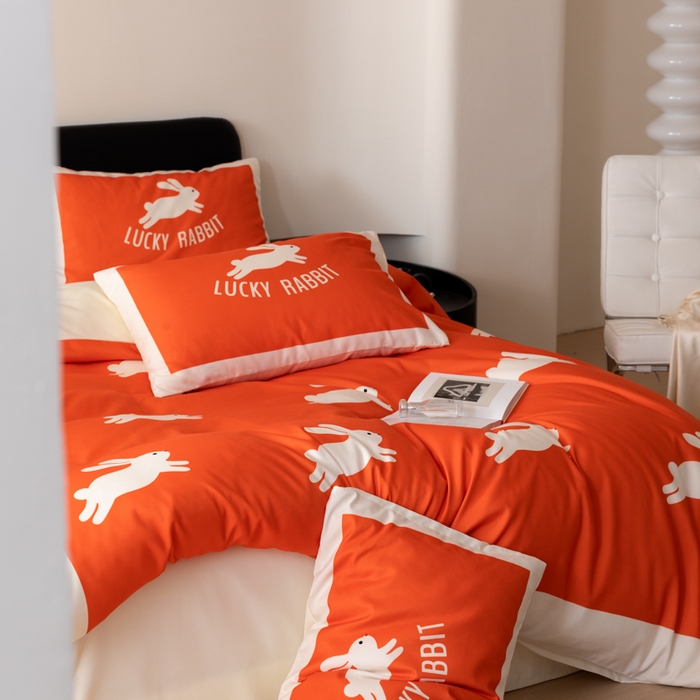 91家纺网 家纺一手货源 找家纺 摩卡 2024新款亲肤真丝棉四件套-幸运兔 幸运兔-橘