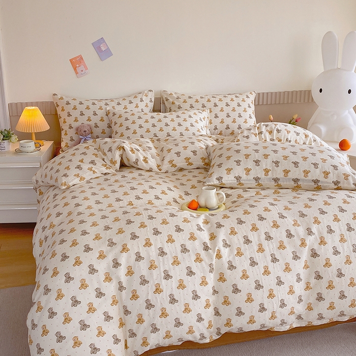 91家纺网 家纺一手货源 找家纺 于果 2024新款全棉双层纱四件套 波点玩偶熊