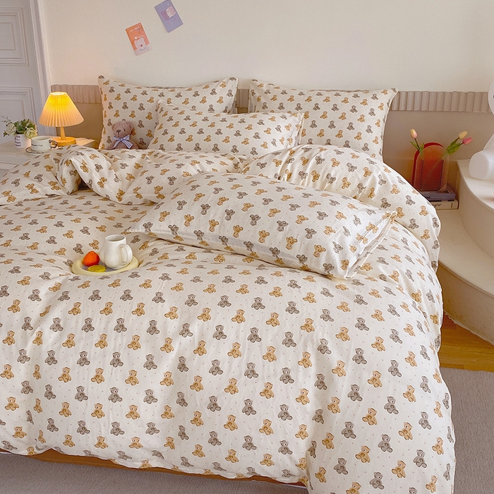 91家纺网 家纺一手货源 找家纺 于果 2024新款全棉双层纱四件套 波点玩偶熊