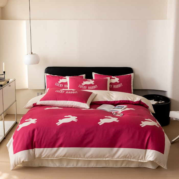 91家纺网 家纺一手货源 找家纺 摩卡 2024新款亲肤真丝棉四件套-幸运兔 幸运兔-粉