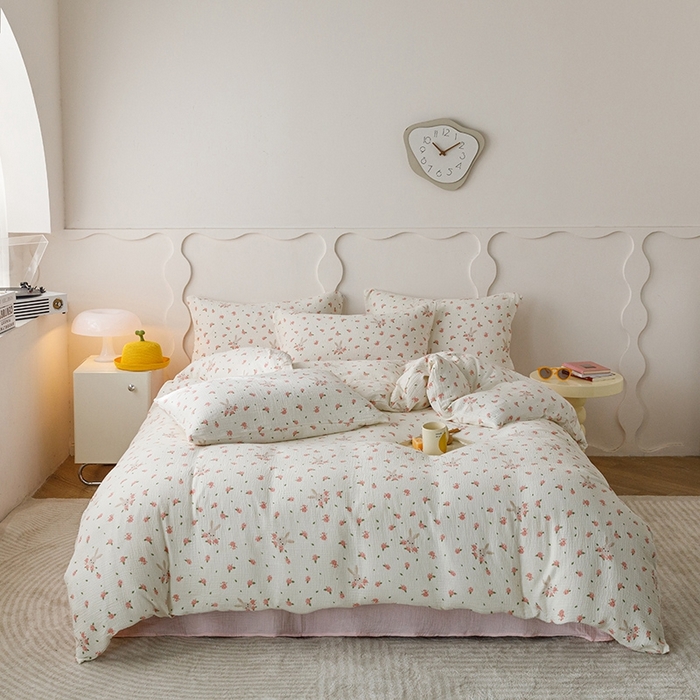 91家纺网 家纺一手货源 找家纺 蜜柚 2024新款全棉双层皱皱纱四件套 花园兔