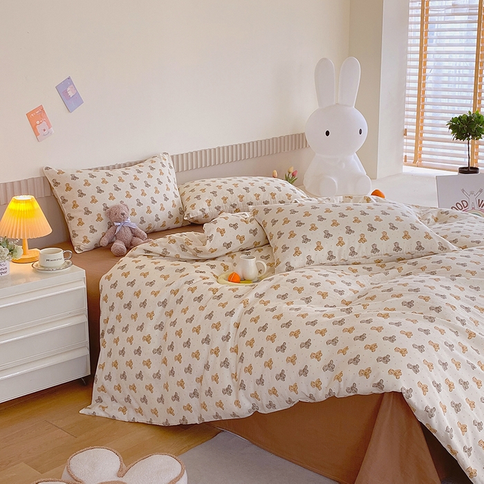 91家纺网 家纺一手货源 找家纺 于果 2024新款全棉双层纱四件套 波点玩偶熊