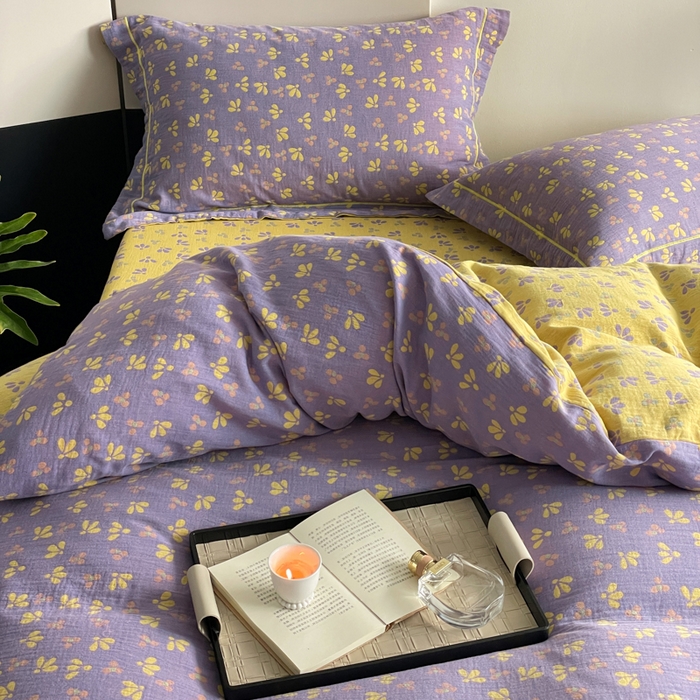 91家纺网 家纺一手货源 找家纺 睡棉坊 2024新款全棉色织提花双层纱复古单被套 诗画-紫