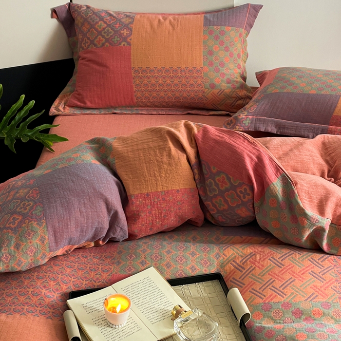 91家纺网 家纺一手货源 找家纺 （总）睡棉坊 2024新款全棉色织提花双层纱复古单被套