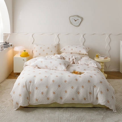 蜜柚 2024新款全棉双层皱皱纱四件套 饼干熊