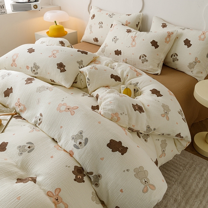 91家纺网 家纺一手货源 找家纺 蜜柚 2024新款全棉双层皱皱纱四件套 动物乐园