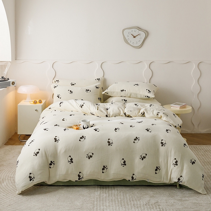 91家纺网 家纺一手货源 找家纺 蜜柚 2024新款全棉双层皱皱纱四件套 熊猫团子