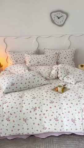 91家纺网 家纺一手货源 找家纺 蜜柚 2024新款全棉双层皱皱纱四件套 花园兔