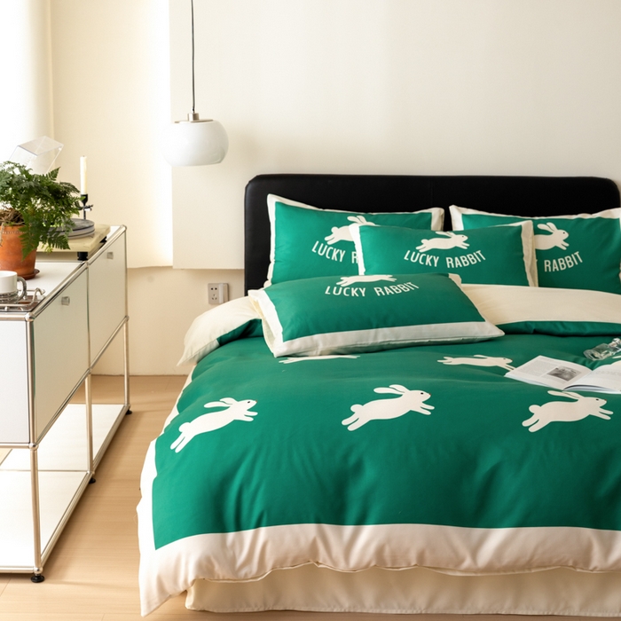 91家纺网 家纺一手货源 找家纺 摩卡 2024新款亲肤真丝棉四件套-幸运兔 幸运兔-绿