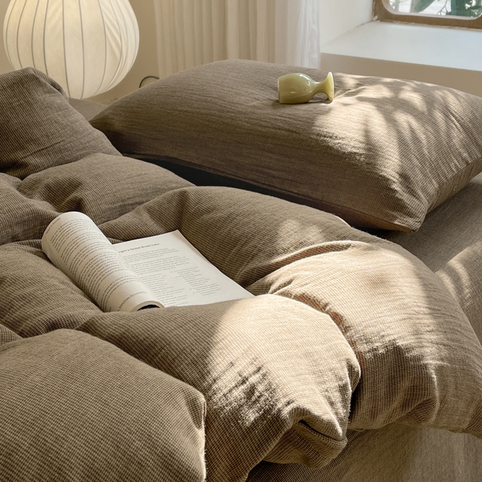 91家纺网 家纺一手货源 找家纺 睡棉坊 2024新款全棉色织提花双层纱复古单被套 千喜格-咖