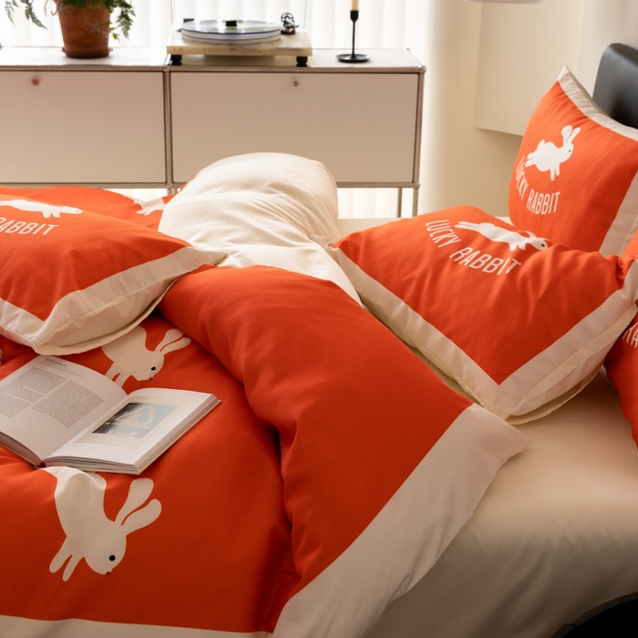 91家纺网 家纺一手货源 找家纺 摩卡 2024新款亲肤真丝棉四件套-幸运兔 幸运兔-橘