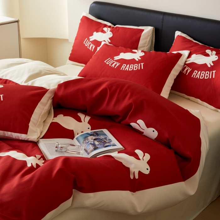 91家纺网 家纺一手货源 找家纺 摩卡 2024新款亲肤真丝棉四件套-幸运兔 幸运兔-红