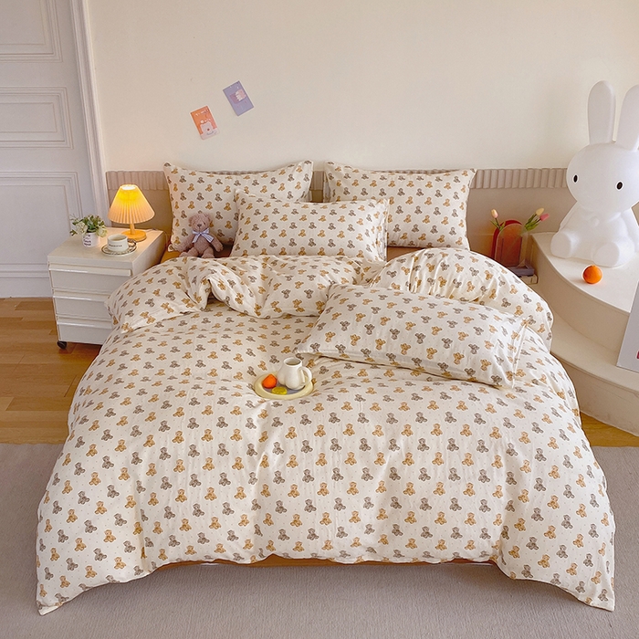 91家纺网 家纺一手货源 找家纺 于果 2024新款全棉双层纱四件套 波点玩偶熊