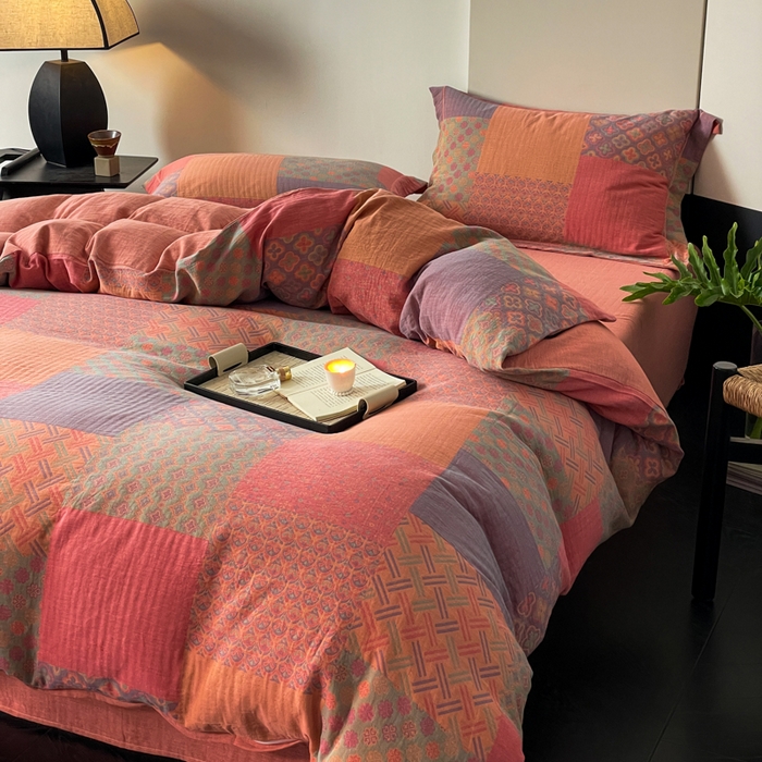 91家纺网 家纺一手货源 找家纺 睡棉坊 2024新款全棉色织提花双层纱复古单被套 百纳