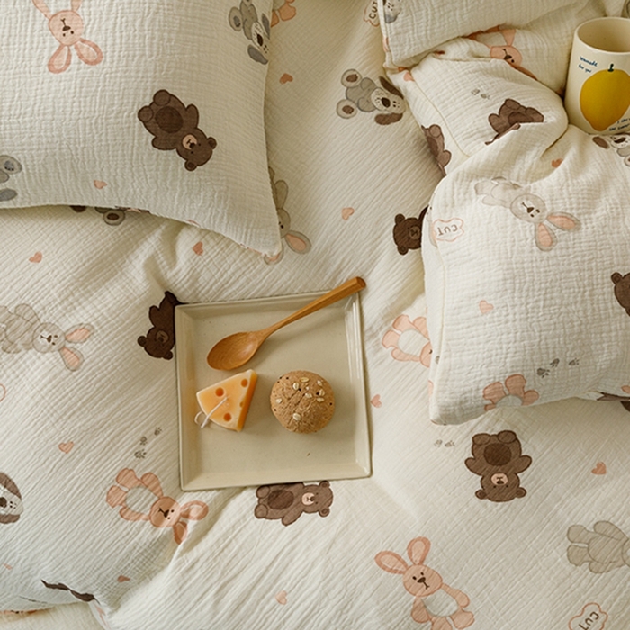 91家纺网 家纺一手货源 找家纺 蜜柚 2024新款全棉双层皱皱纱四件套 动物乐园