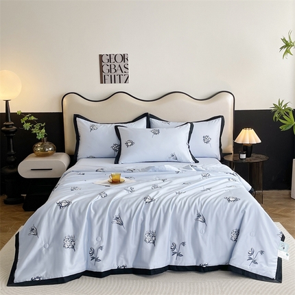 91家纺网 家纺一手货源 找家纺 金麦家纺 2024新款冰丝宽边印花夏被子被芯-邂逅系列 邂逅-天空蓝