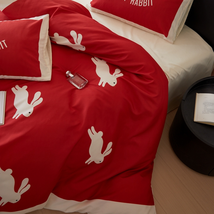 91家纺网 家纺一手货源 找家纺 （总）摩卡 2024新款亲肤真丝棉四件套-幸运兔