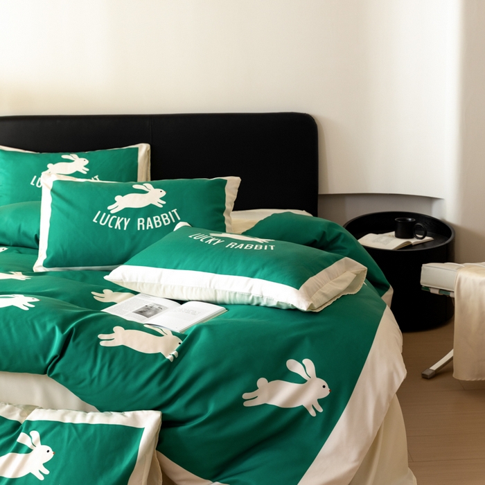 91家纺网 家纺一手货源 找家纺 摩卡 2024新款亲肤真丝棉四件套-幸运兔 幸运兔-绿