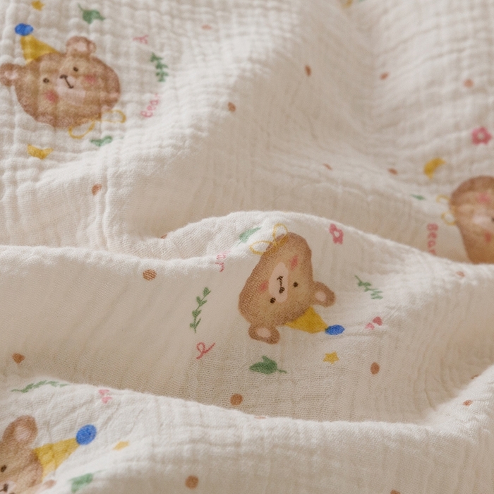 91家纺网 家纺一手货源 找家纺 蜜柚 2024新款全棉双层皱皱纱四件套 饼干熊