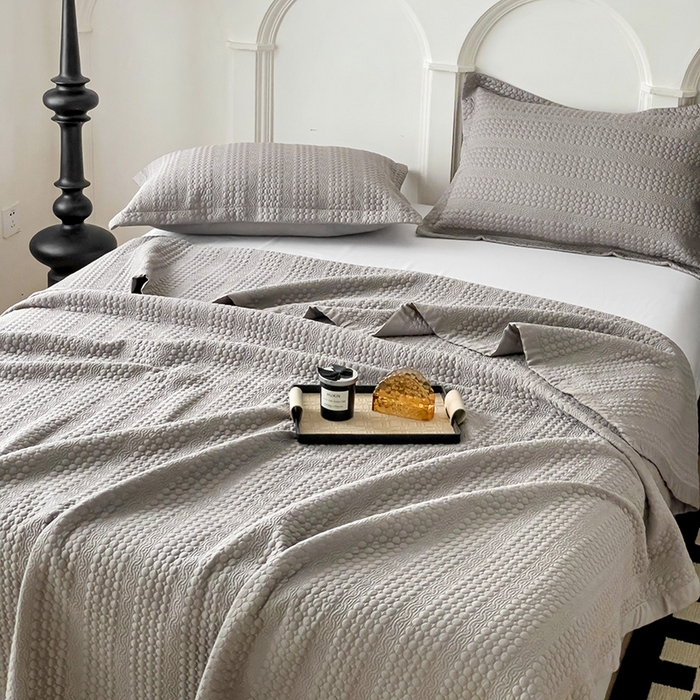 91家纺网 家纺一手货源 找家纺 沐纯家居 2024新款纯色天丝床盖 蓝灰色