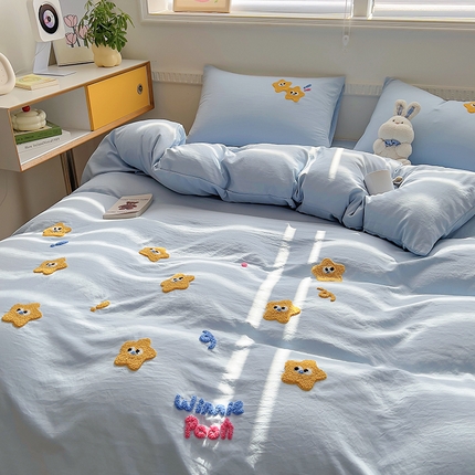 山茶家纺 2024新款高克重水洗棉四件套 星星-浅蓝