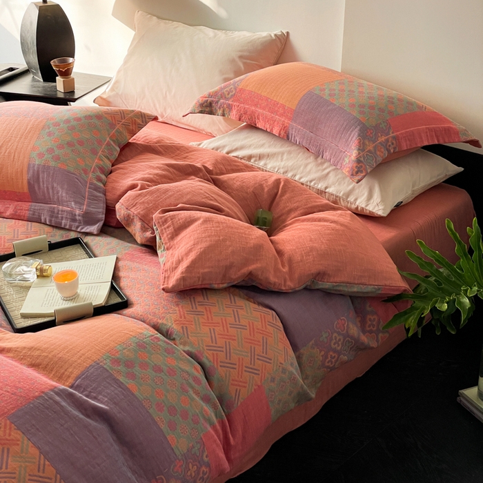 91家纺网 家纺一手货源 找家纺 睡棉坊 2024新款全棉色织提花双层纱复古单被套 百纳