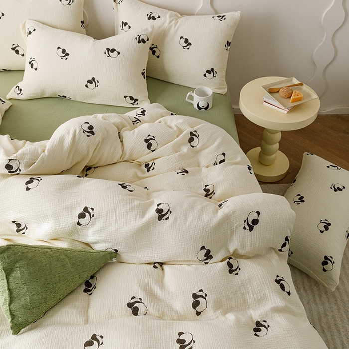 91家纺网 家纺一手货源 找家纺 蜜柚 2024新款全棉双层皱皱纱四件套 熊猫团子