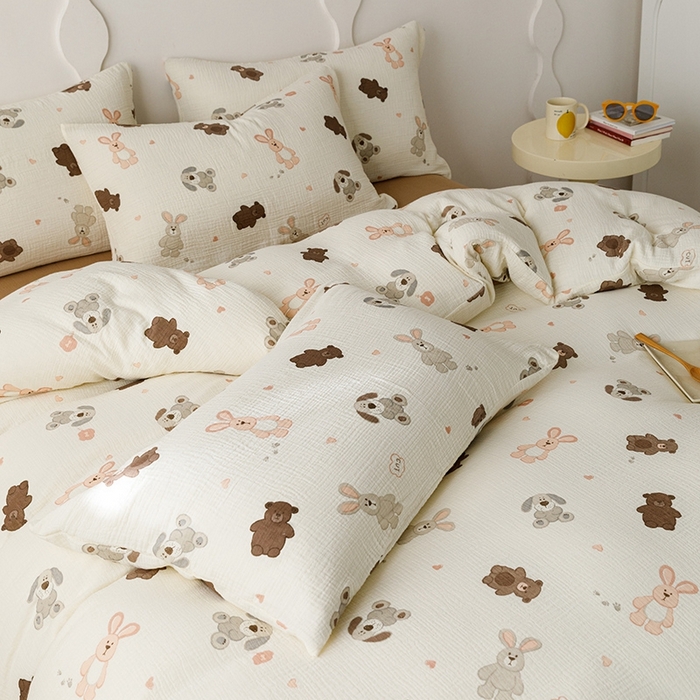 91家纺网 家纺一手货源 找家纺 蜜柚 2024新款全棉双层皱皱纱四件套 动物乐园